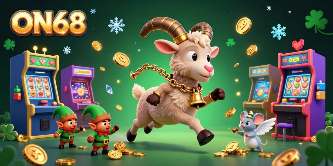 Engage with ON68's vibrant casino scene featuring Krampus managing a chaotic festive gaming environment.