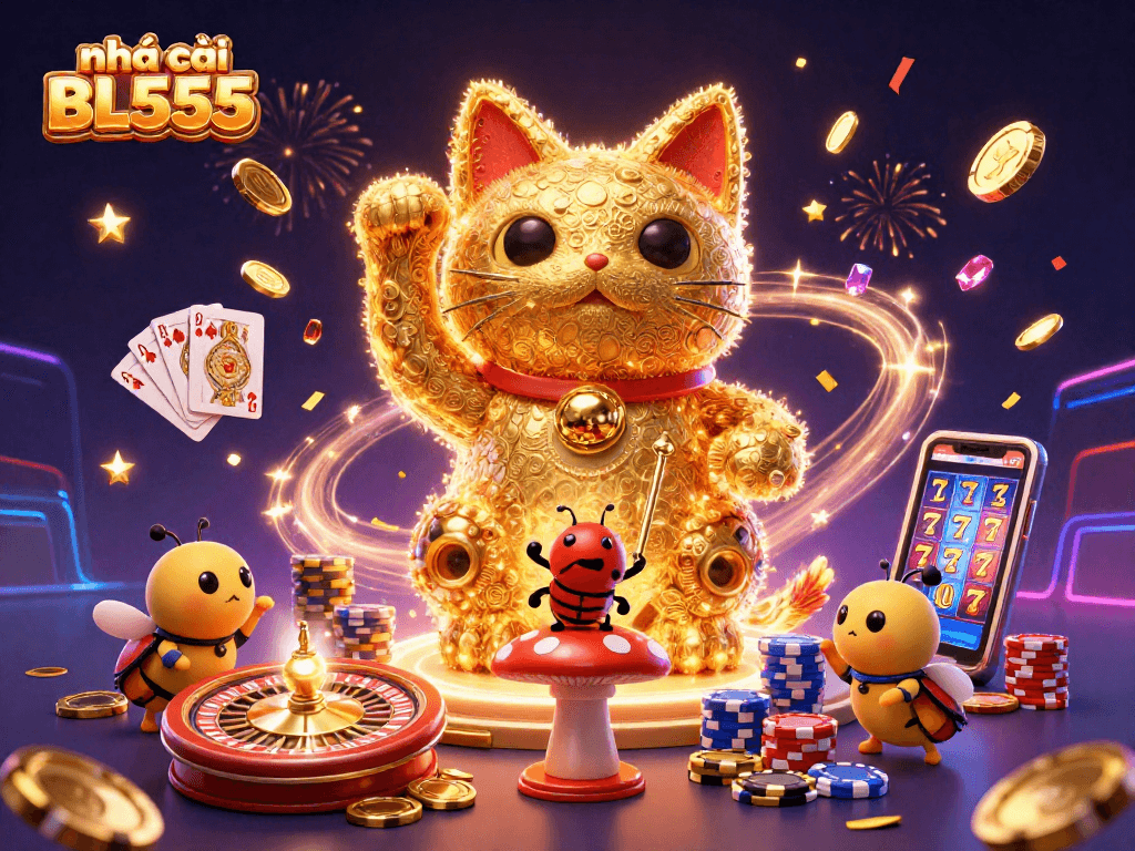 Play casino games with the lucky cat at nhà cái BL555, surrounded by gold and gems in an exciting atmosphere.
