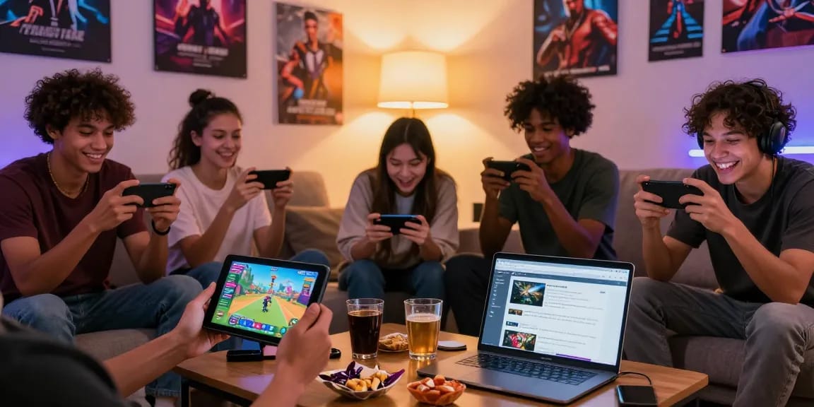 Group of friends playing mobile porn games together in a cozy living room setting, enjoying an interactive gaming experience.