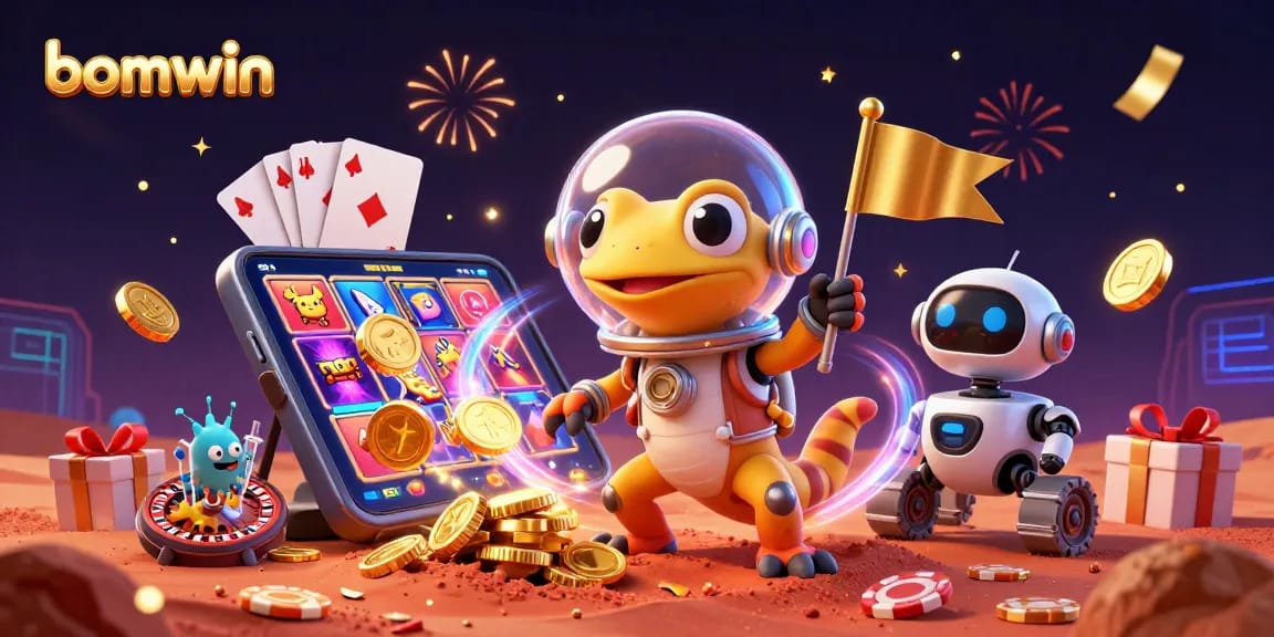 Experience thrilling wins at bomwin with a Martian gecko, golden casino, and dynamic game elements.
