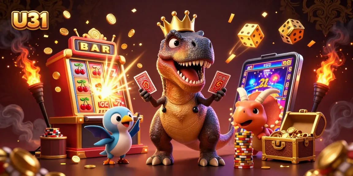 Experience U31's colorful gaming world with T-Rex shuffling cards, vibrant symbols, and a treasure of opportunities.