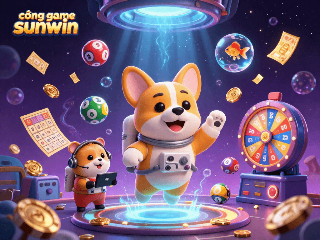 Engage with cổng game sunwin in this vibrant 3D digital casino illustration, showcasing fun characters amidst lottery and bingo elements.