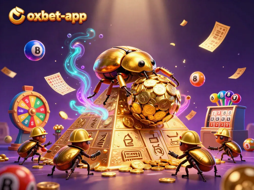 Experience thrilling gaming adventures with oxbet-app as a golden beetle rolls coins in a vibrant casino setting.