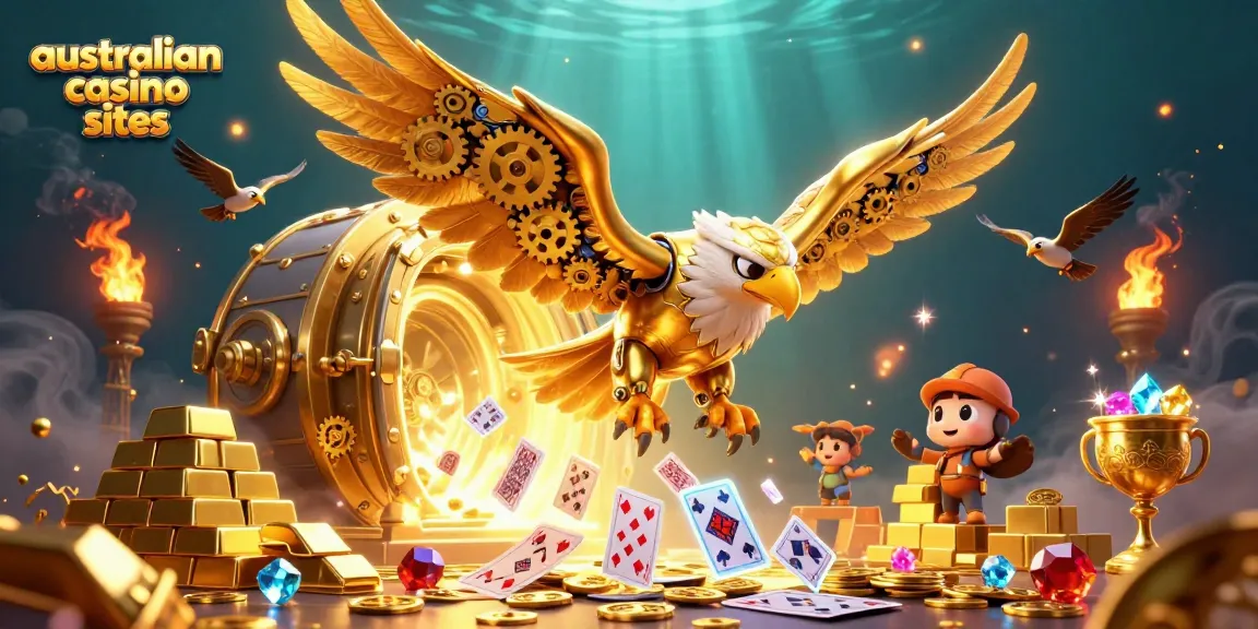 Experience the excitement of australian casino sites with a cybernetic eagle amidst riches and playing cards.