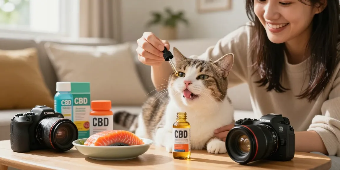 Happy cat enjoying cbd for cats canada oil with salmon flavor in cozy home setting