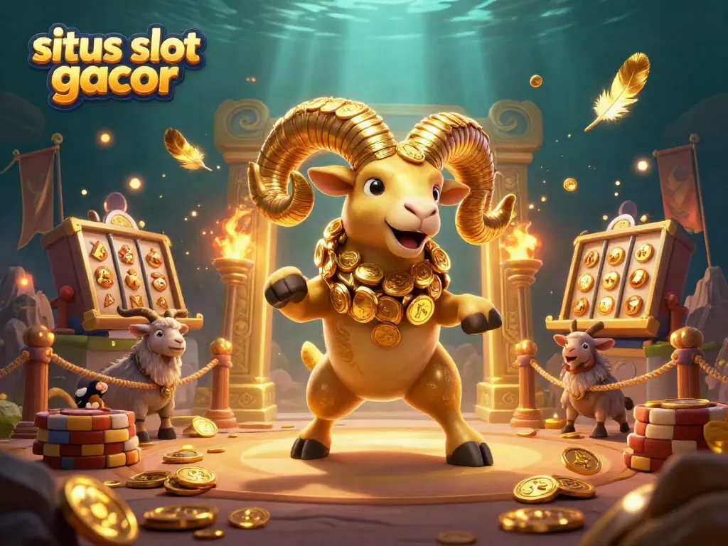 Experience the excitement of situs slot gacor with golden ram and vibrant slot symbols in a dynamic casino scene.