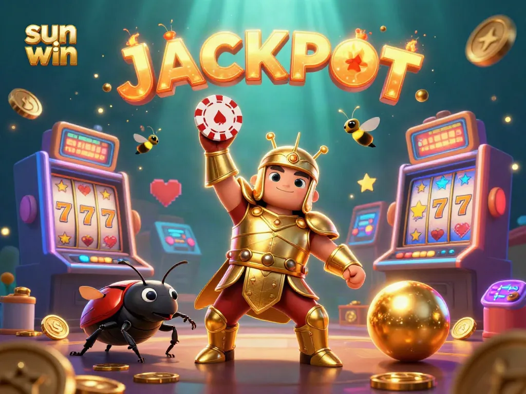 Experience the excitement of sun win with vibrant slot machines and a cartoon beetle duo celebrating a jackpot.