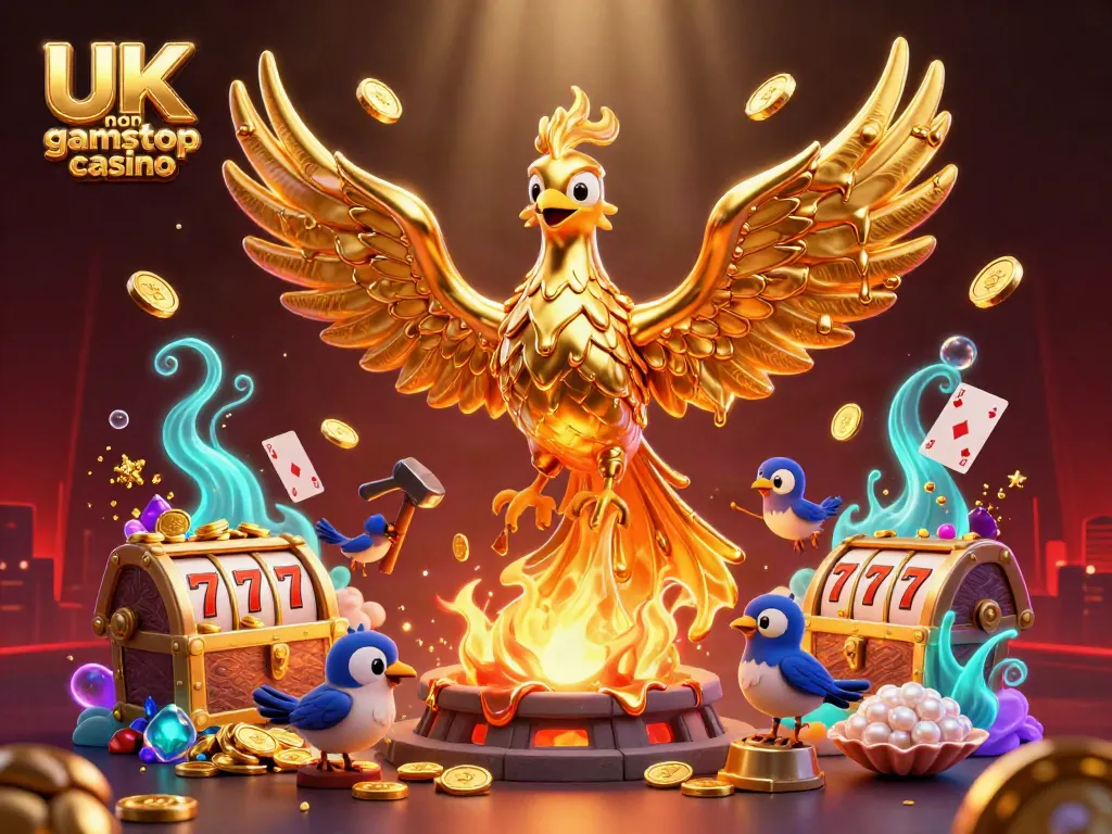 Experience the excitement of UK non gamstop casino with golden phoenix and swirling slot symbols in a vibrant scene.