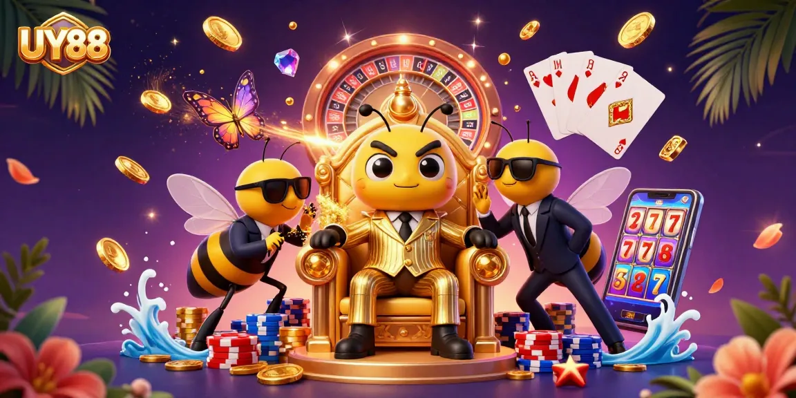 Experience the excitement of UY88 gaming with vibrant characters and casino elements in a dazzling illustrated scene.