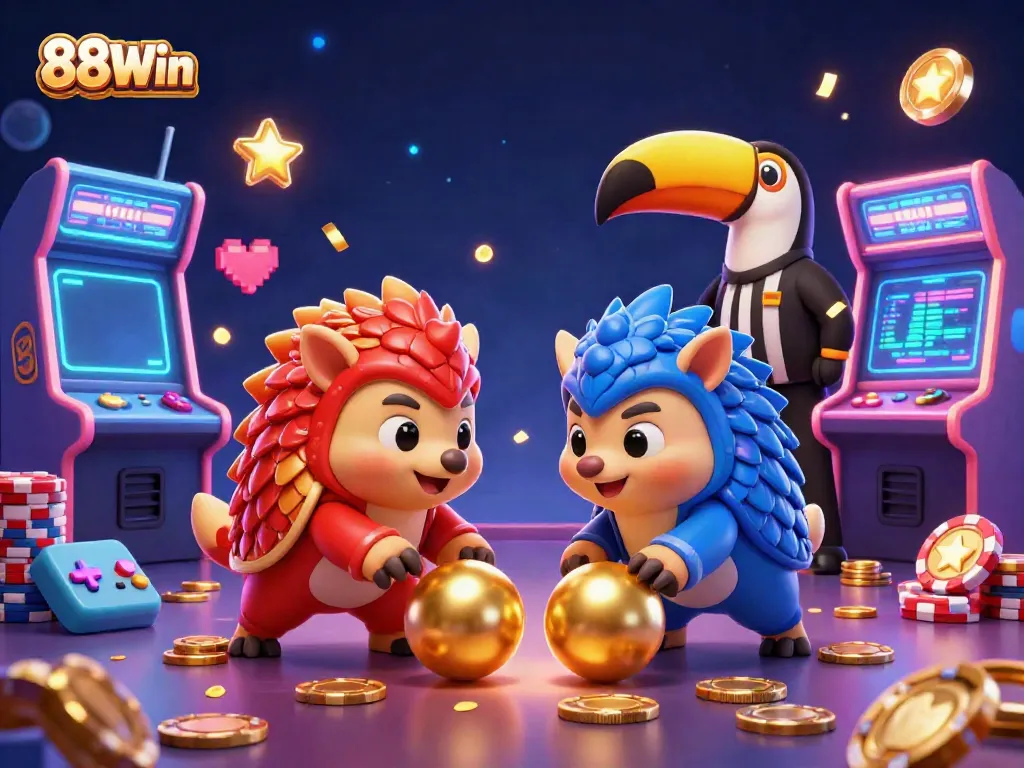 Experience the excitement of 88Win as rival pangolins battle through casino chips in a vibrant gaming scene.
