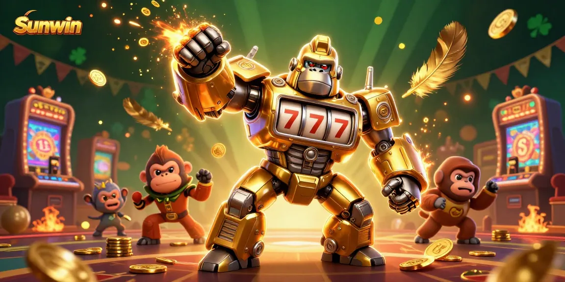 Experience the thrill of winning at Sunwin with a vibrant 3D casino scene of a golden mech and exciting game elements.