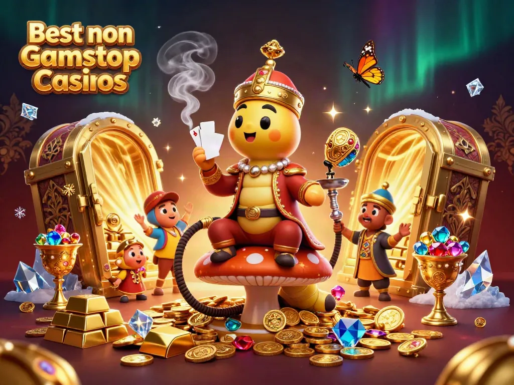 Experience the vibrant allure of the Best non Gamstop Casinos through a rich 3D illustration showcasing gambling symbols and treasures.