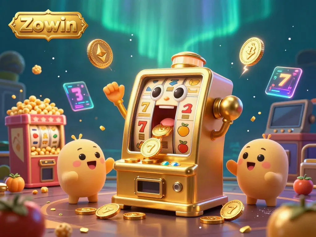 Zowin slot machine celebrates a jackpot with coins pouring out, surrounded by cheering baby machines and playful popcorn machine.