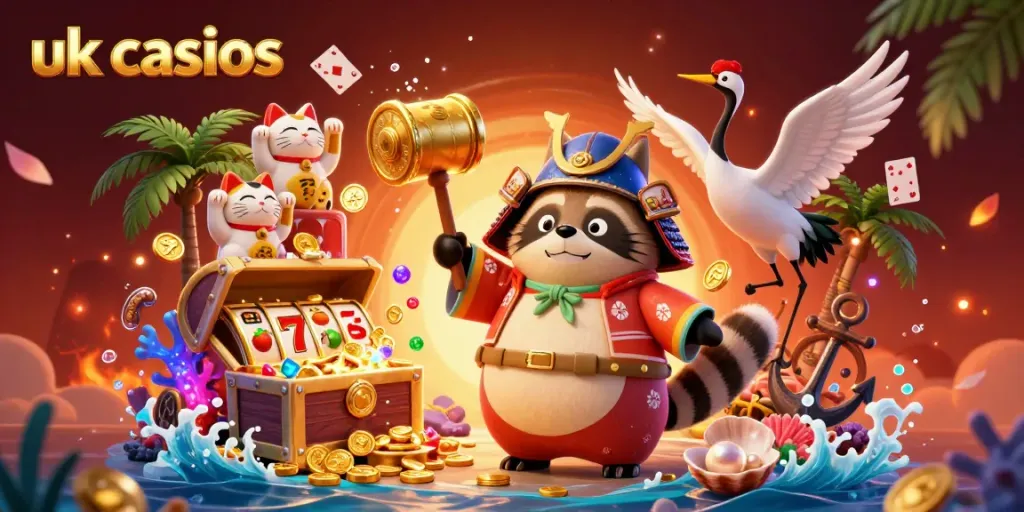 Engage with uk casinos through a 3D cartoon illustration featuring a festive tanuki and vibrant gambling elements.