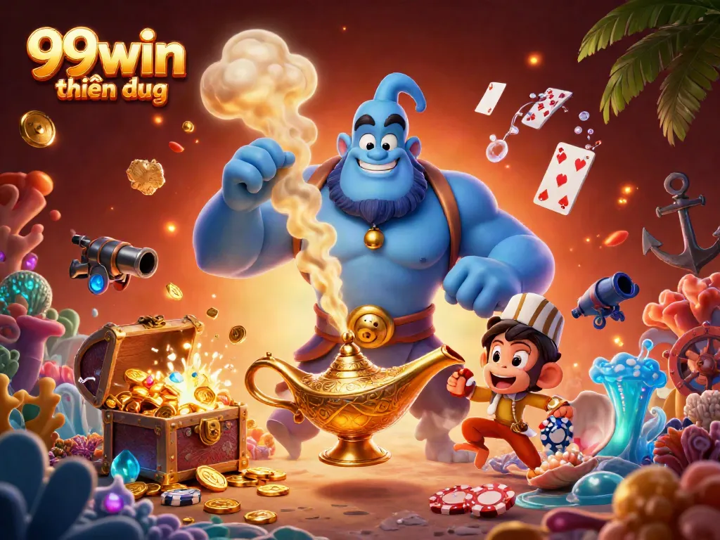 Experience the magic of 99win thiên đường with a playful genie and vibrant casino elements.