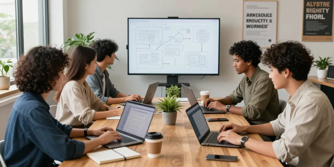 Diverse team using AI writing tools in bright modern workspace.