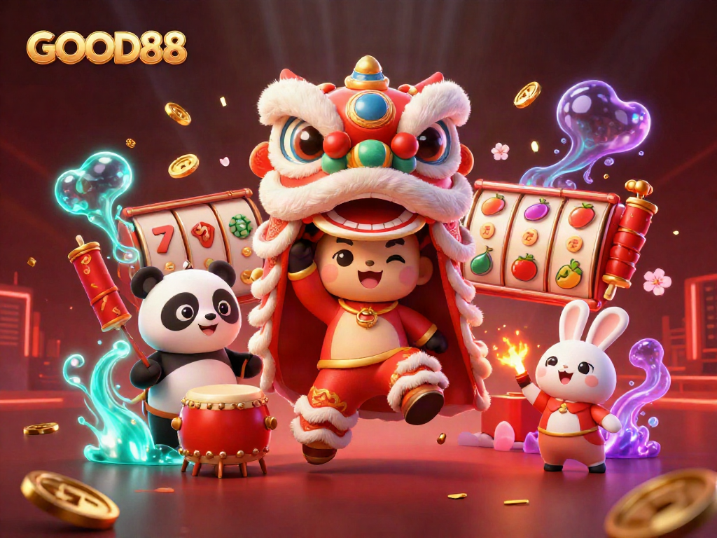 Celebrate the excitement of gambling at GOOD88 with lucky symbols and festive characters.