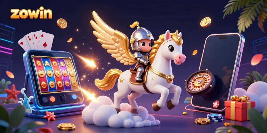 Experience the thrill of zouwin with vibrant casino elements like slots and poker in a dynamic scene.