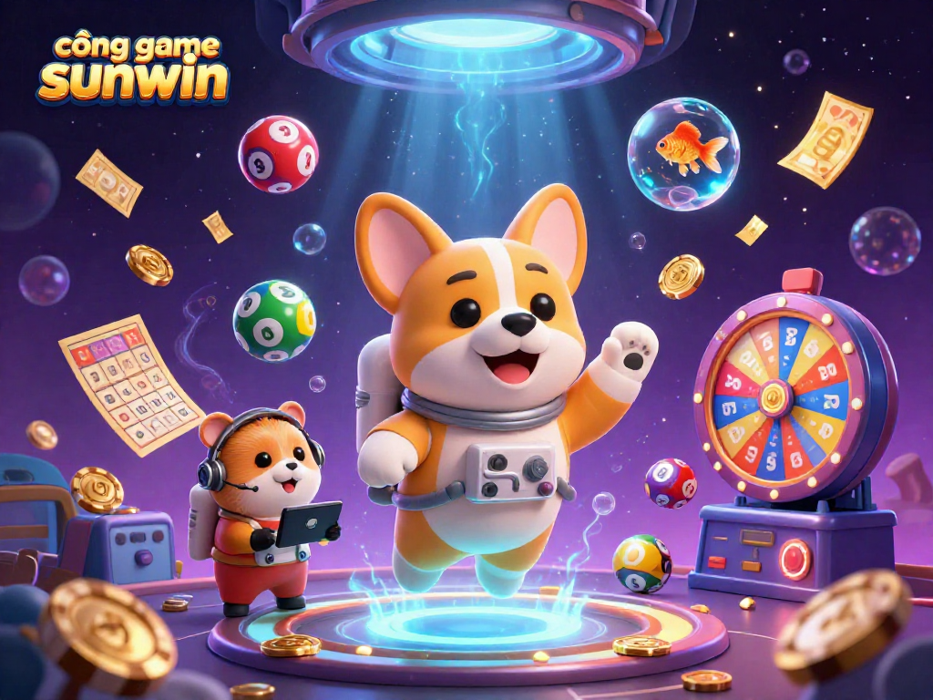 Engage with cổng game sunwin in this vibrant 3D digital casino illustration, showcasing fun characters amidst lottery and bingo elements.