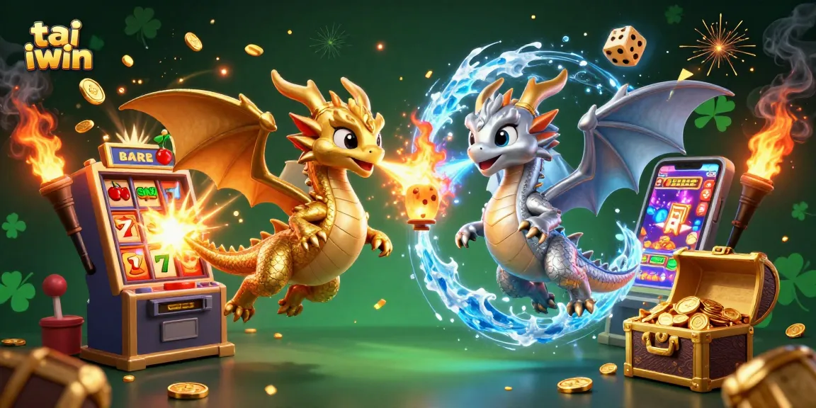 Experience excitement with tai iwin as gold and silver dragons battle amidst a jackpot explosion in a vibrant casino scene.