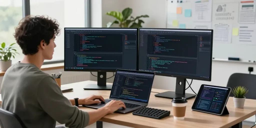Software developer using instant indexing tools at a modern office workspace.