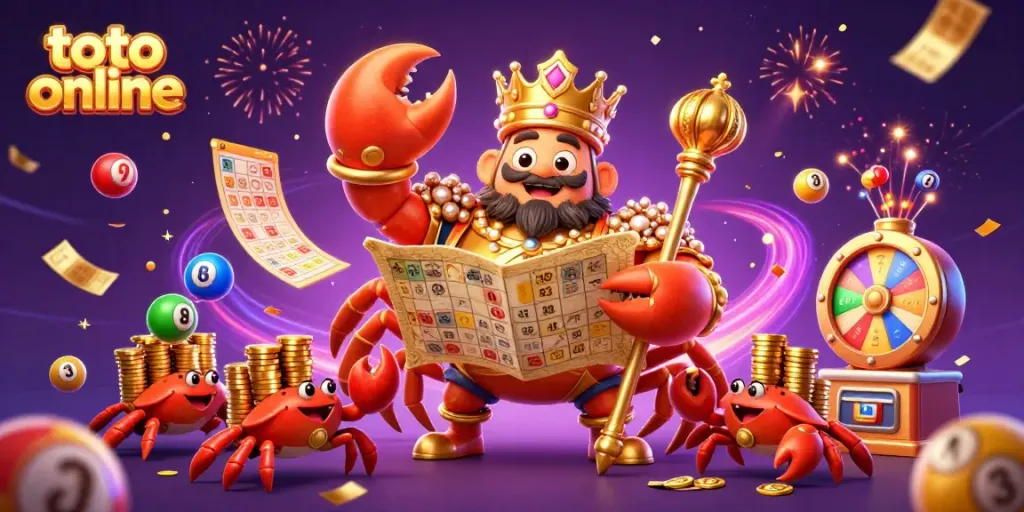 Engage with "toto online" as vibrant lottery balls and a golden crab emperor inspire excitement in this dynamic illustration.