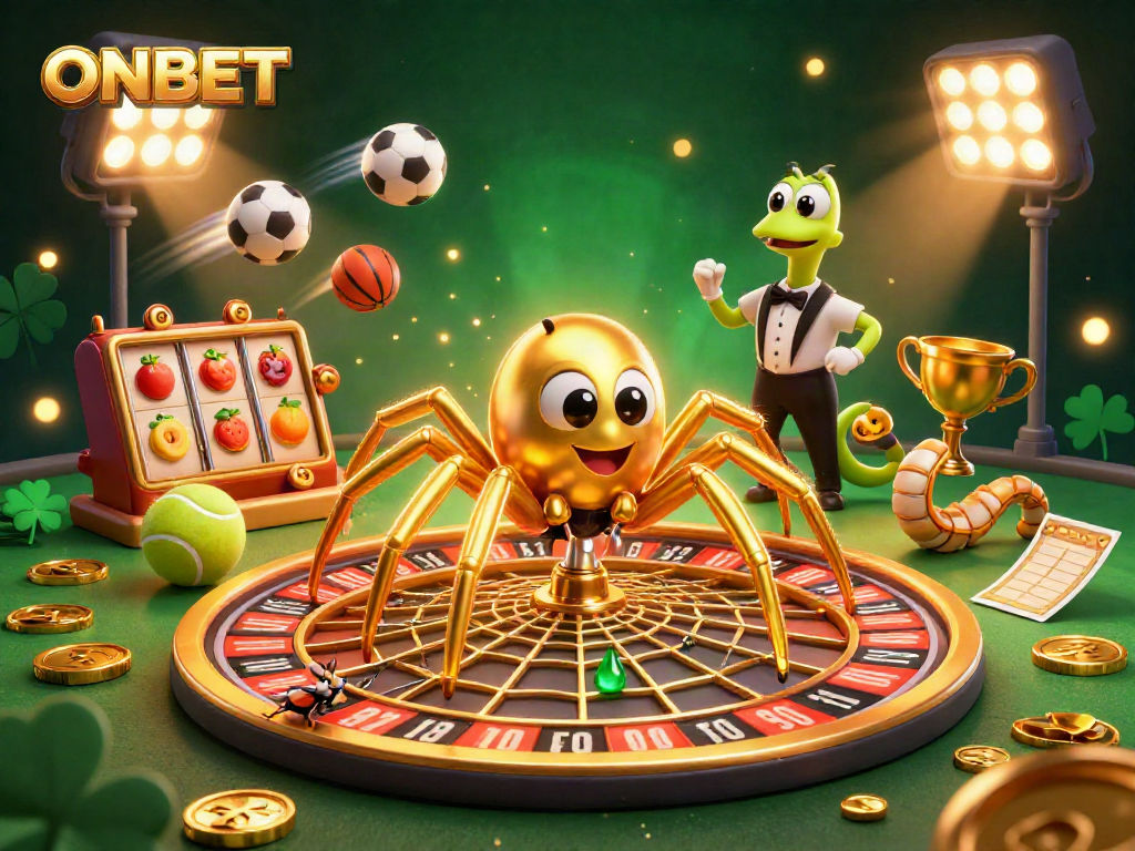 Experience ONBET's thrilling casino atmosphere with a 3D golden spider and exciting game elements.
