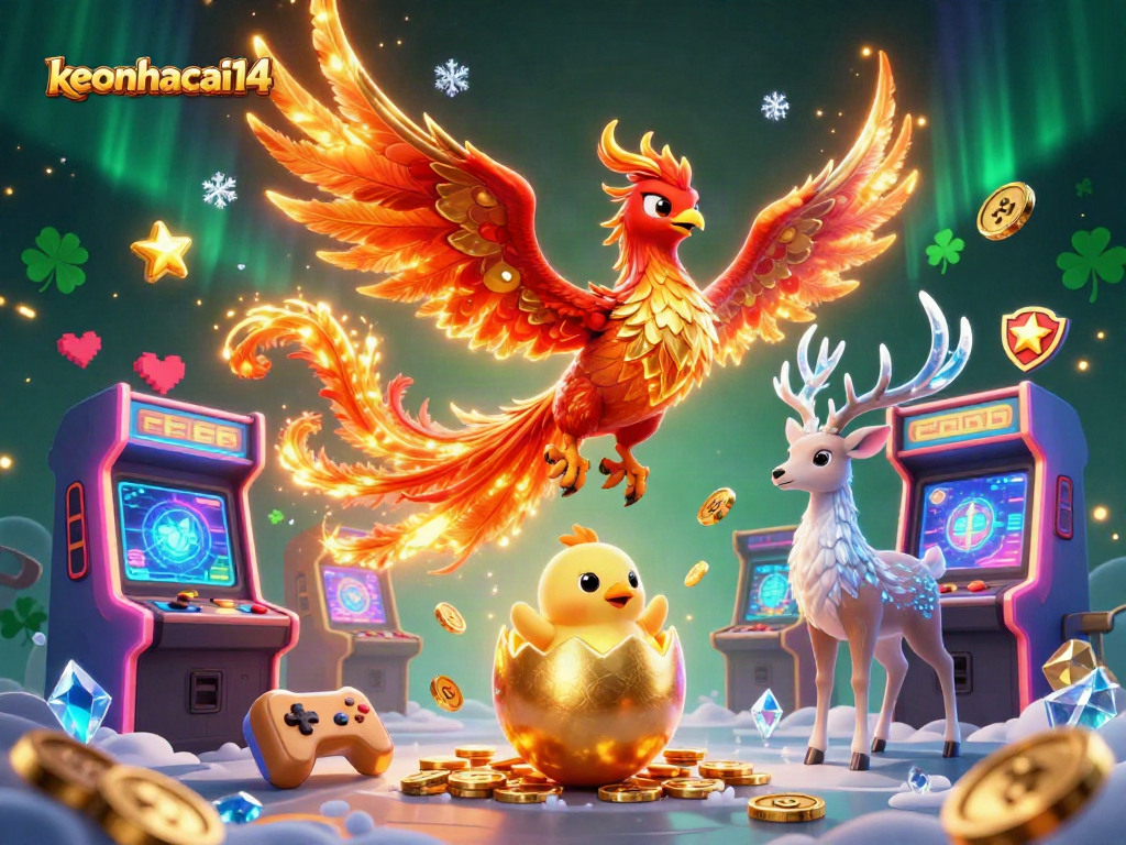 Engage with keonhacai14's vibrant casino world featuring a majestic phoenix and game elements.