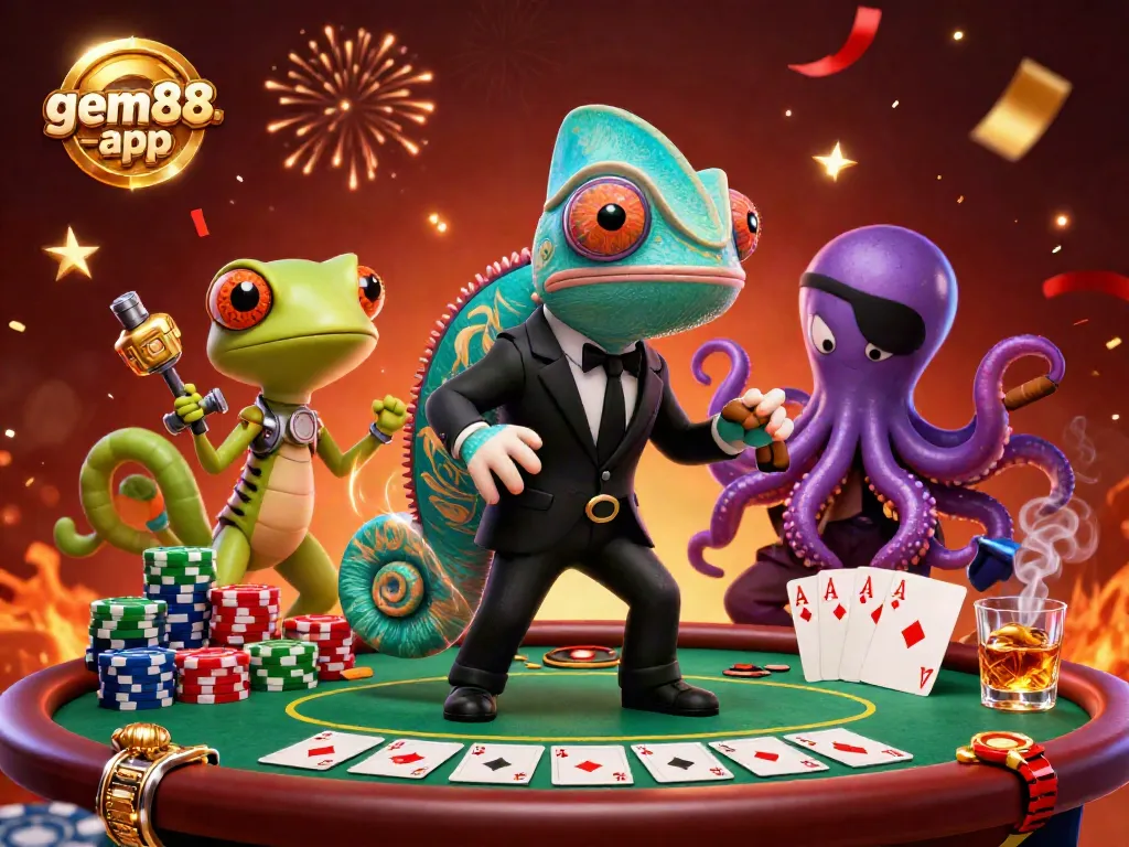 Experience thrilling gaming with gem88-app featuring a dynamic casino scene with colorful characters and vibrant elements.