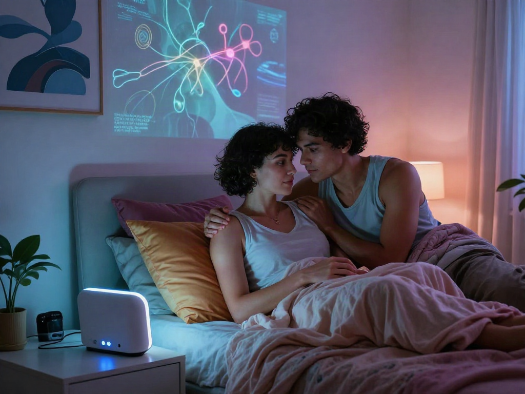Couple exploring AI sex concepts together in a cozy modern bedroom, showcasing intimacy through technology.