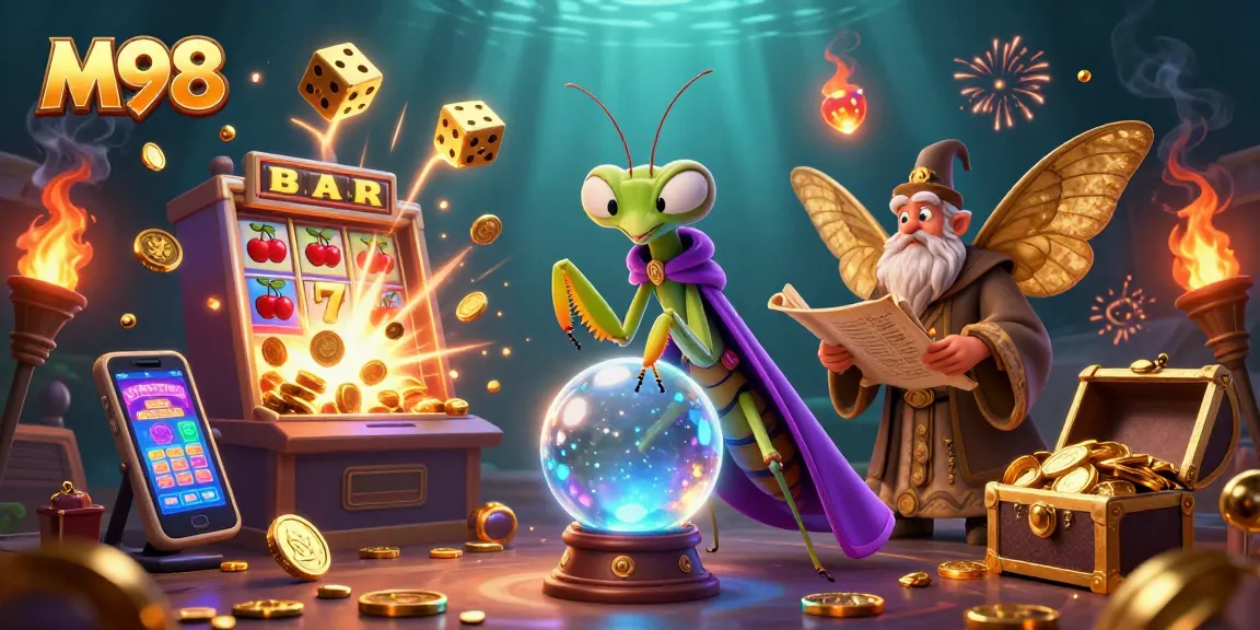 Spin to win with M98 in an enchanting casino scene featuring vibrant elements and magical characters.