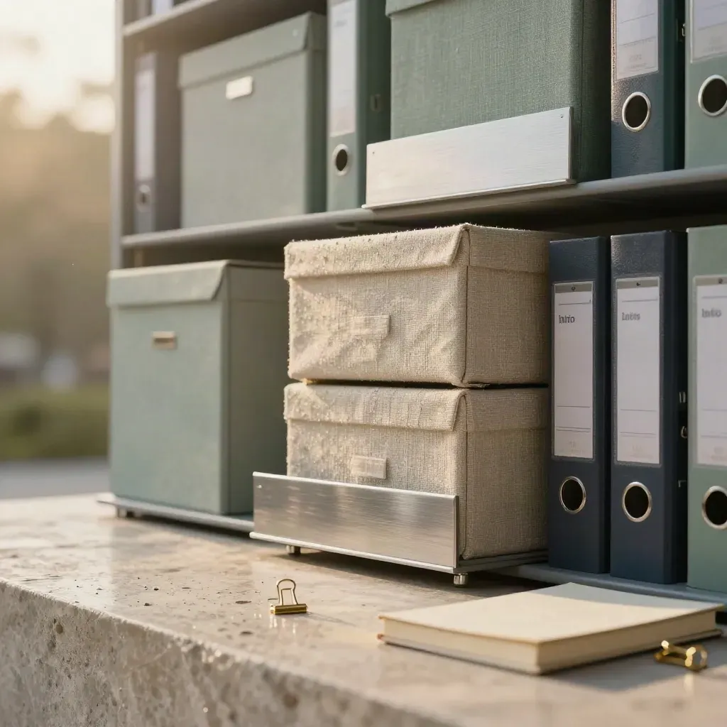 Rain-speckled archive boxes and document tray on stone, lit by clearing spring light.