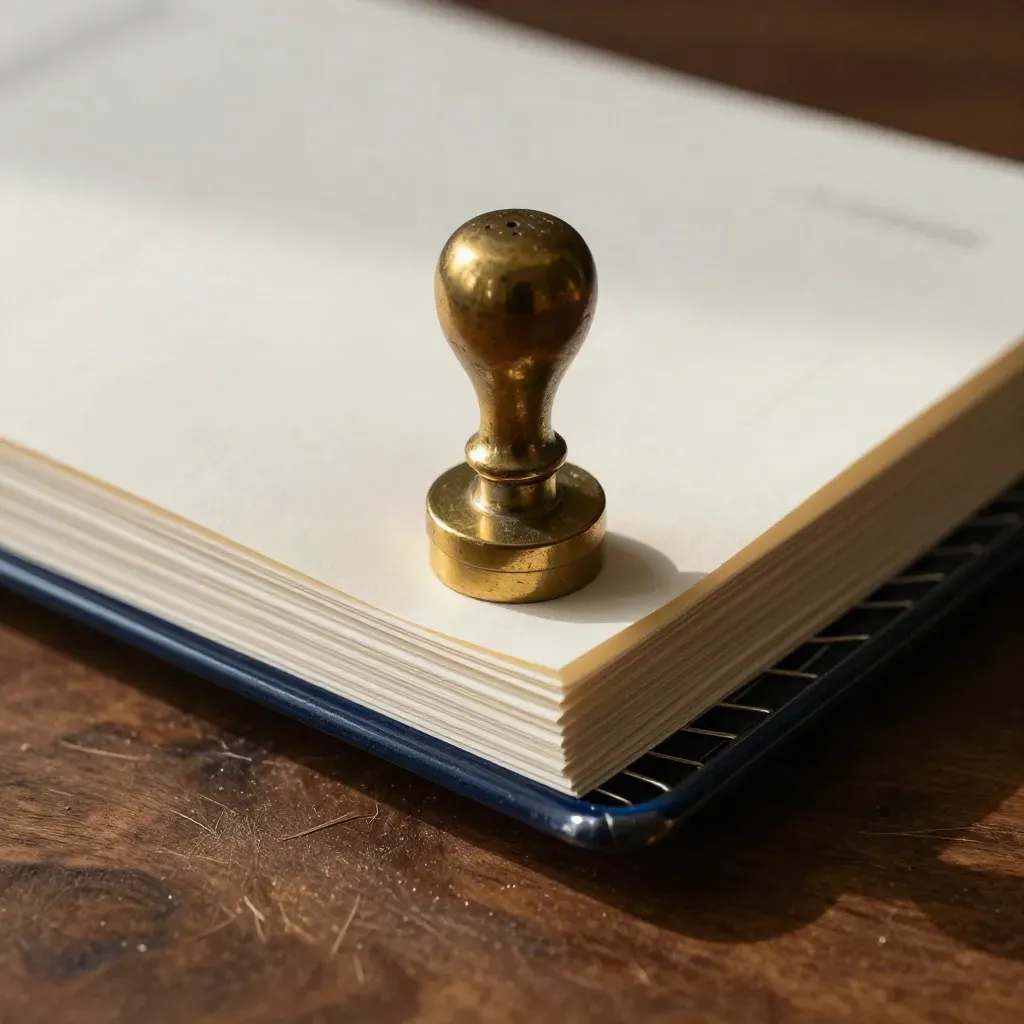 Macro of stamped reports, brass stamp and wire tray on walnut with dark bokeh.
