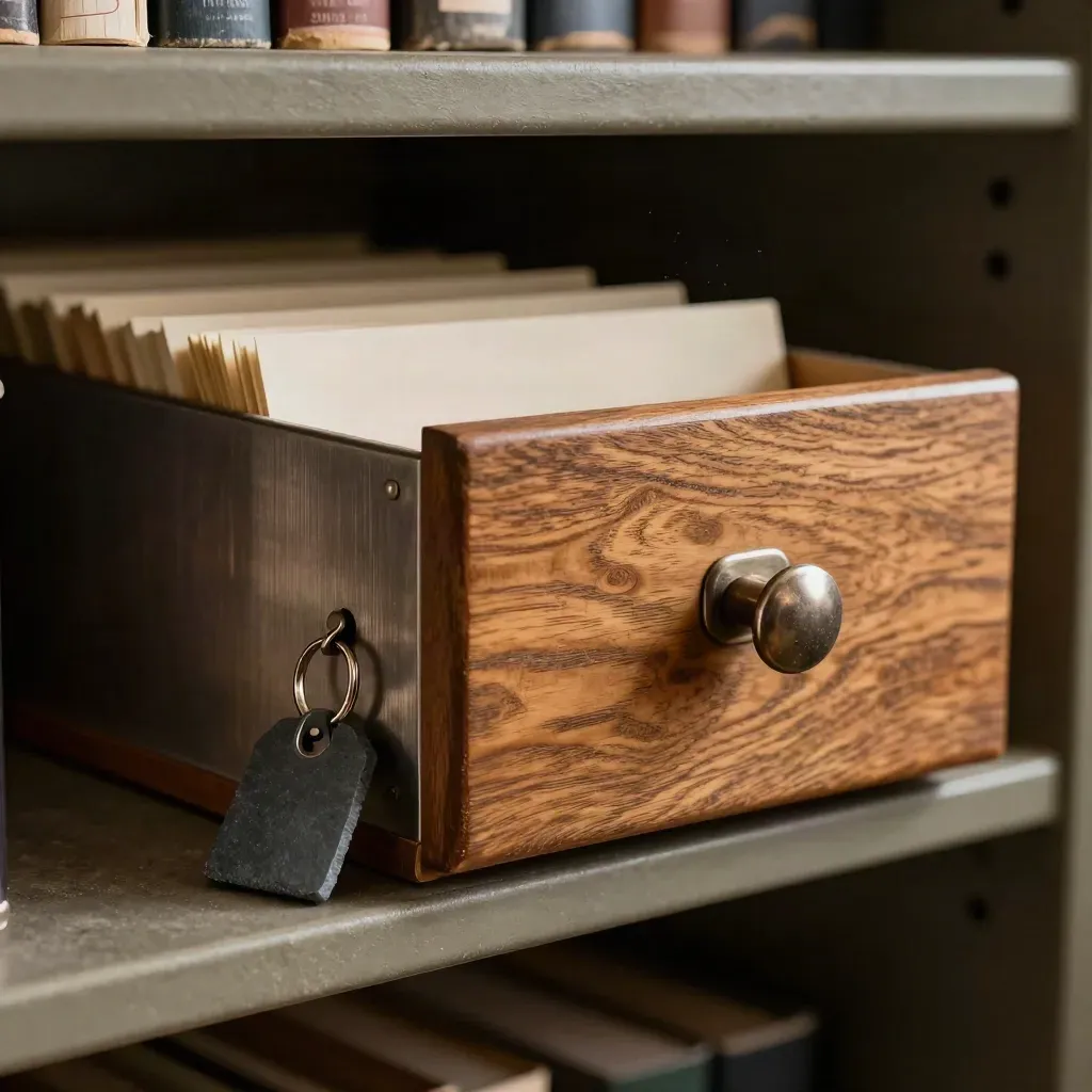Half-open index drawer on stone with file tabs and a key ring in dramatic light.