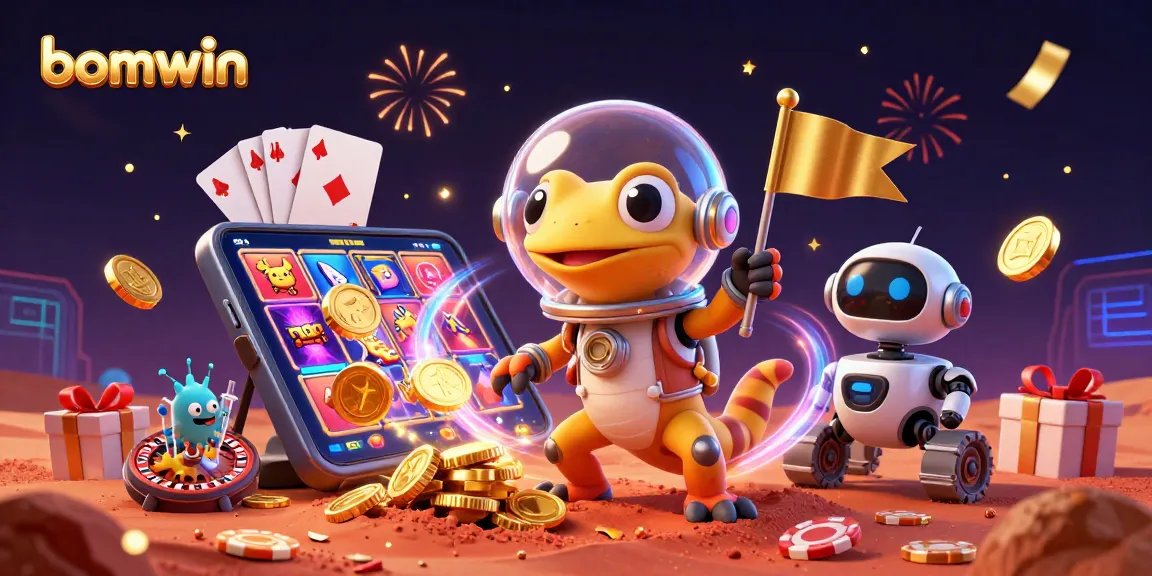 Experience thrilling wins at bomwin with a Martian gecko, golden casino, and dynamic game elements.