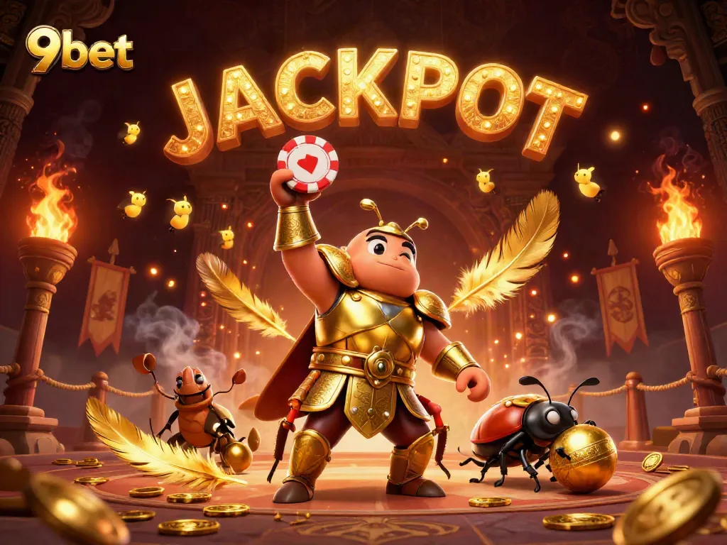 Experience the excitement of 9bet with cartoon beetles celebrating a jackpot win amidst rich casino elements.