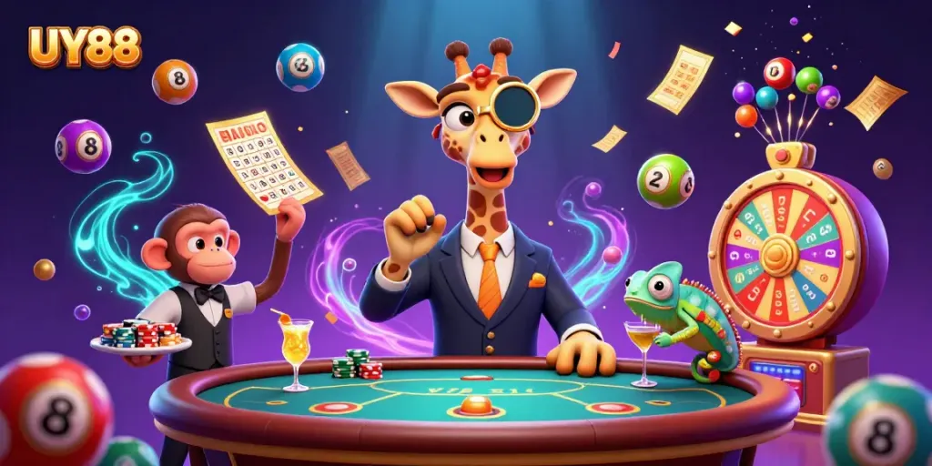 Experience vibrant casino action with UY88; high-roller giraffe, monkey valet, chameleon bartender, and lottery elements.