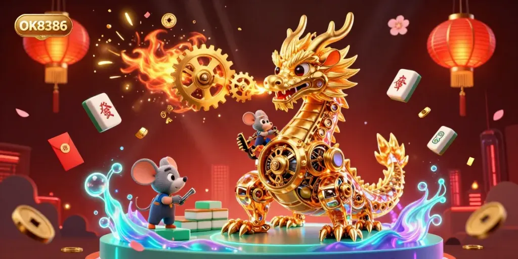 Experience thrilling gaming action at OK8386 with a vibrant golden dragon and festive elements.