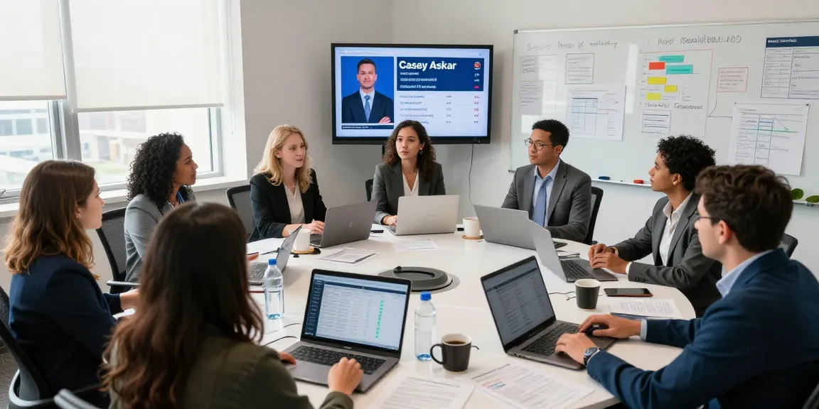 Campaign strategists analyzing data for Casey Askar's political run in a collaborative office setting.