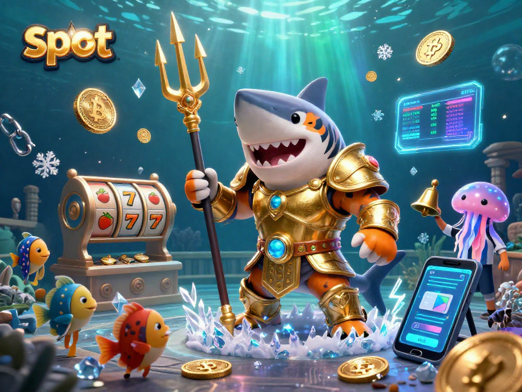 Engage with dynamic slot reels in a vibrant underwater casino scene featuring a fierce shark.