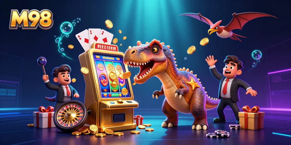 M98's pachycephalosaurus celebrates a jackpot at the casino, capturing golden coins and excitement.