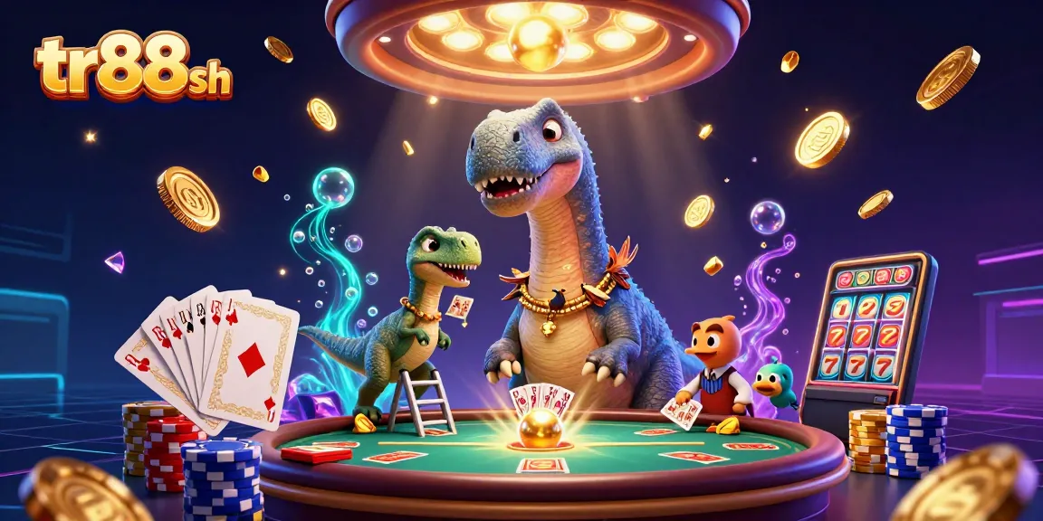 Engage in thrilling gameplay at tr88 sh, featuring a 3D brontosaurus and raptor dealer amidst cascading coins.