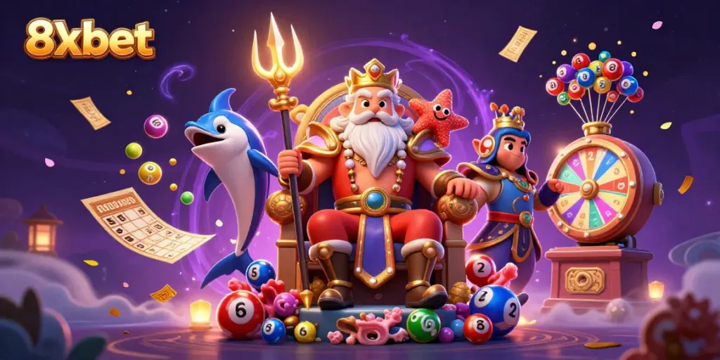 Experience thrilling games with 8xbet, featuring a vibrant lottery scene with Neptune and lucky elements.