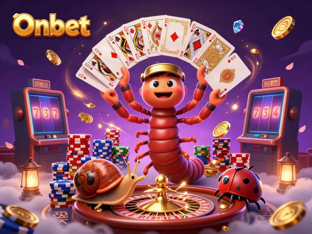 Experience the thrill of Onbet with a lively casino scene featuring a vibrant millipede dealer and high-roller snail.