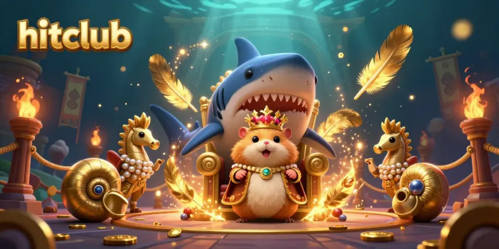 Engage with hitclub's thrilling virtual casino underworld with a cartoon hamster king ruling from a massive shark throne.