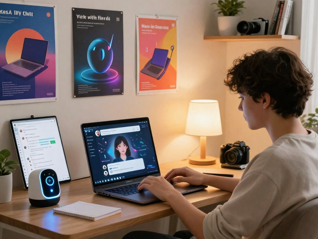 Engaged user experiencing ai sex chat on a sleek laptop in a vibrant digital space.