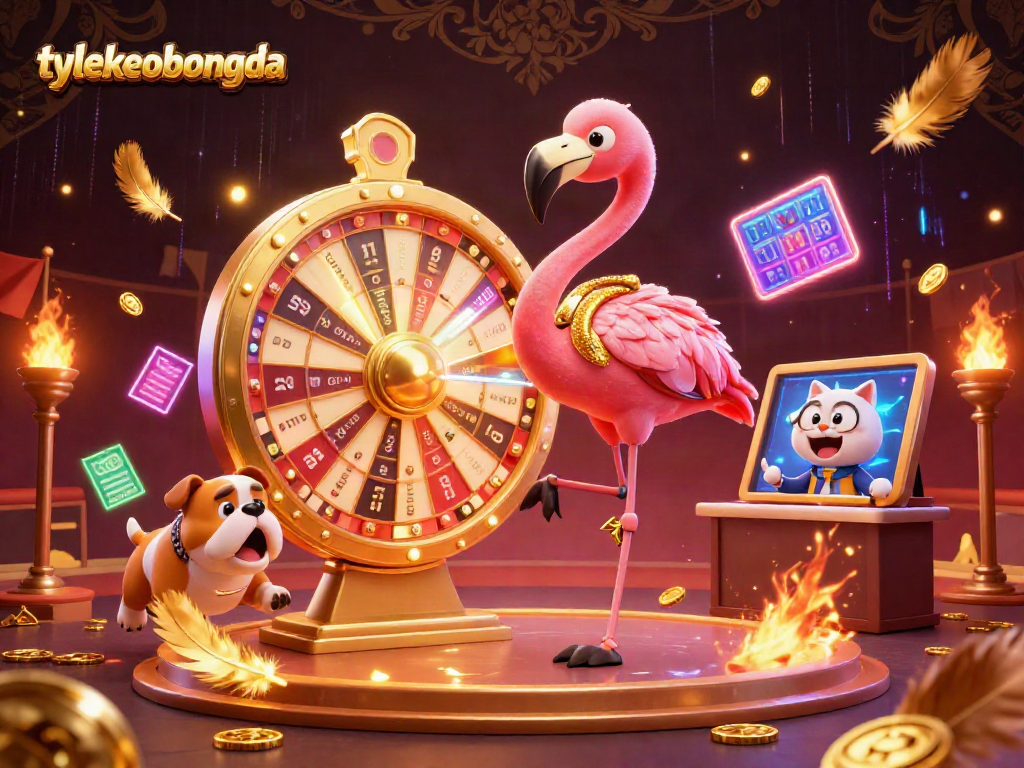Engaging scene showcasing tylekeobongda with a flamingo host, bulldog contestant, and prizes in a vibrant, themed arena.