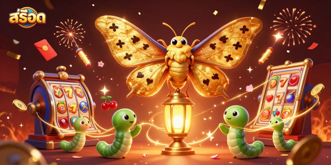 Play สล็อต with vibrant slot scenes illustrated by a majestic atlas moth and lucky symbols.