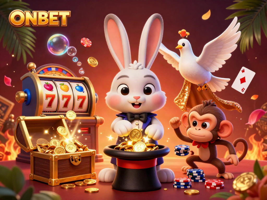 Experience thrilling gaming action with ONBET’s vibrant casino characters amidst gold coins and cards.