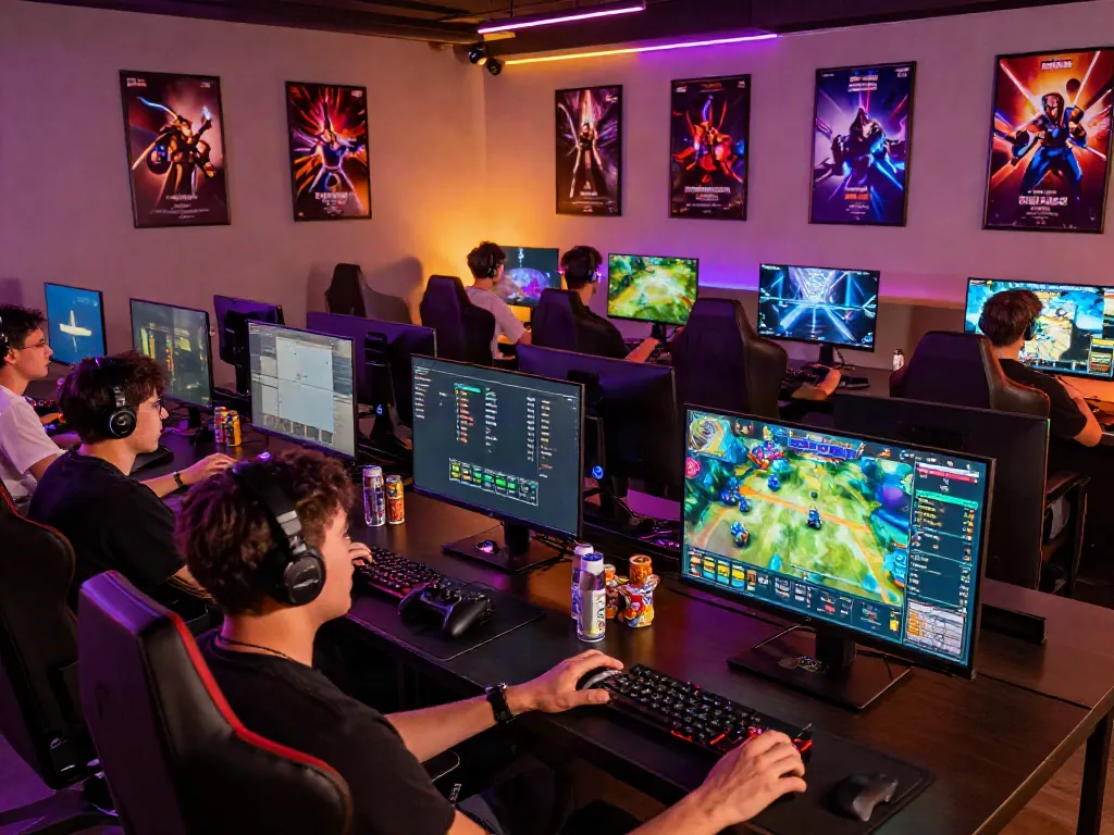 Engaging online gaming scene at http://gem88-mobile.com with players enjoying competitive gaming and vibrant decor.